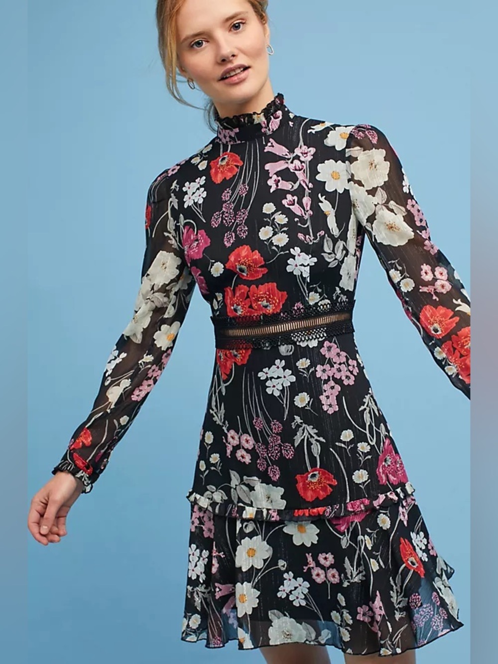 Donna Morgan Black Floral High-Neck Long Sleeve Dress
